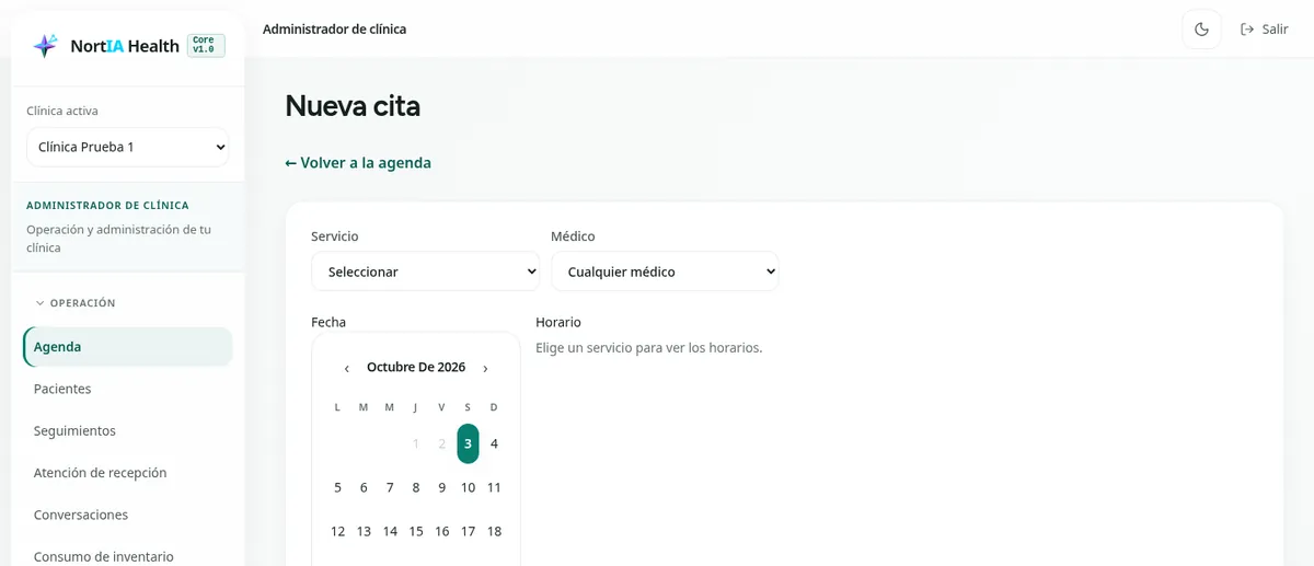 Pantalla de nueva cita en la agenda médica de NortIA Health con calendario, servicio, médico y horarios disponibles