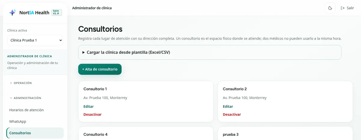 Administración de consultorios de una clínica en NortIA Health con dirección de cada consultorio