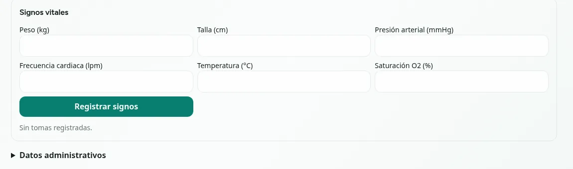 Registro de signos vitales en el expediente del paciente en NortIA Health: peso, talla, presión arterial, frecuencia cardiaca, temperatura y saturación