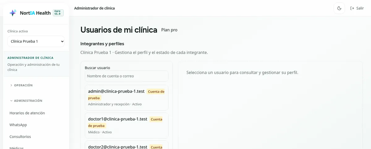 Usuarios de la clínica en NortIA Health con perfiles de administración, médico y recepción